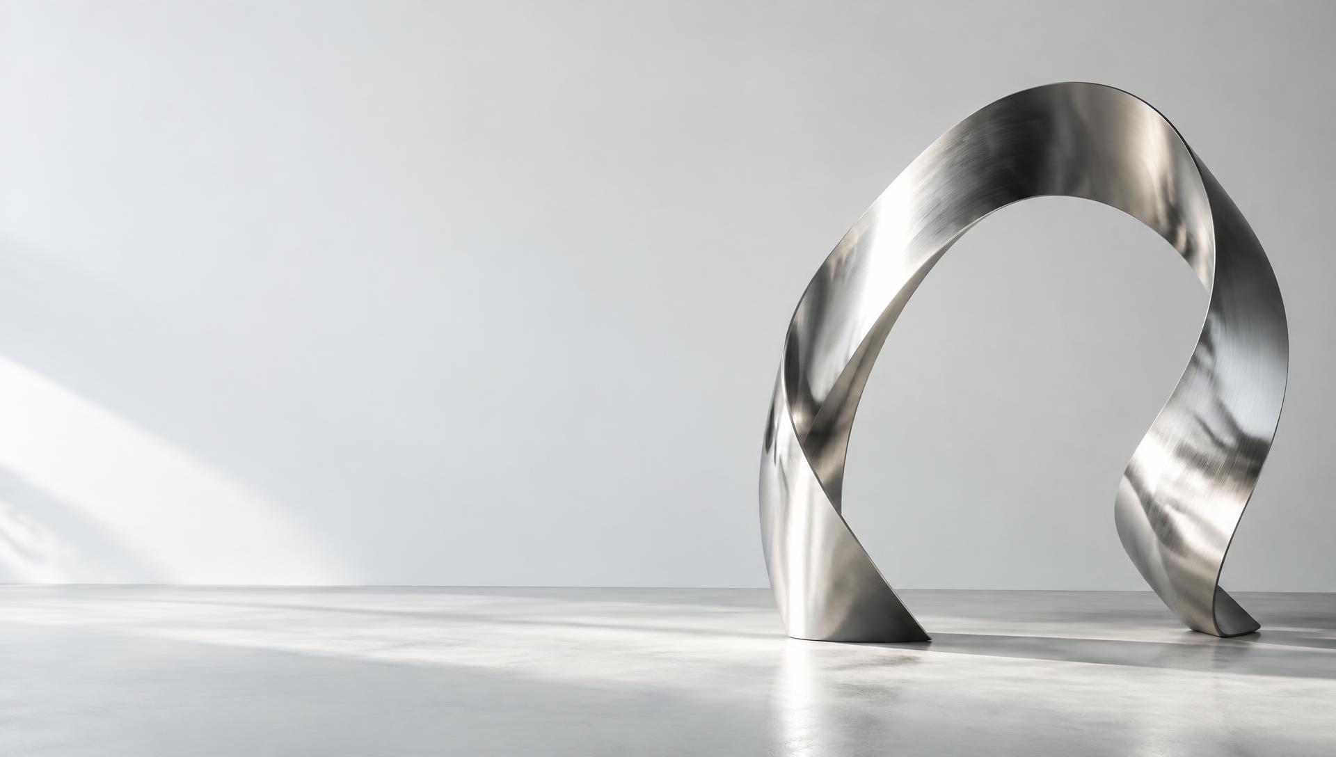 Sculptural silver ribbon in a sunlit studio